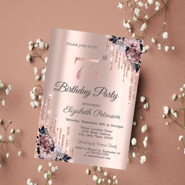 Invitación Purpurina Drips Rosa Flores de Oro 75 cumpleaños (Subido por el creador)