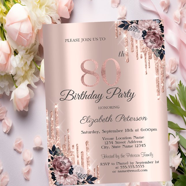 Invitación Purpurina Drips Rosa Flores de Oro 80 cumpleaños (Subido por el creador)
