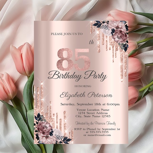 Invitación Purpurina Drips Rosa Flores de Oro 85º cumpleaños (Subido por el creador)