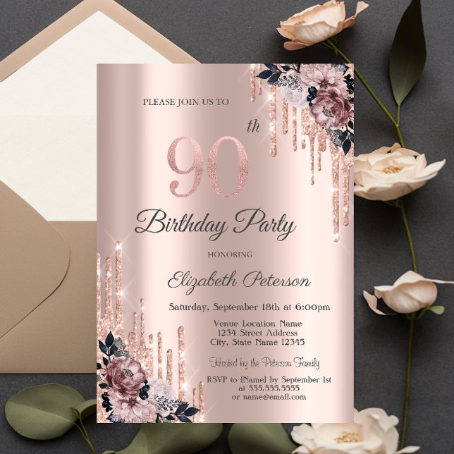 Invitación Purpurina Drips Rosa Flores de Oro 90 cumpleaños (Subido por el creador)