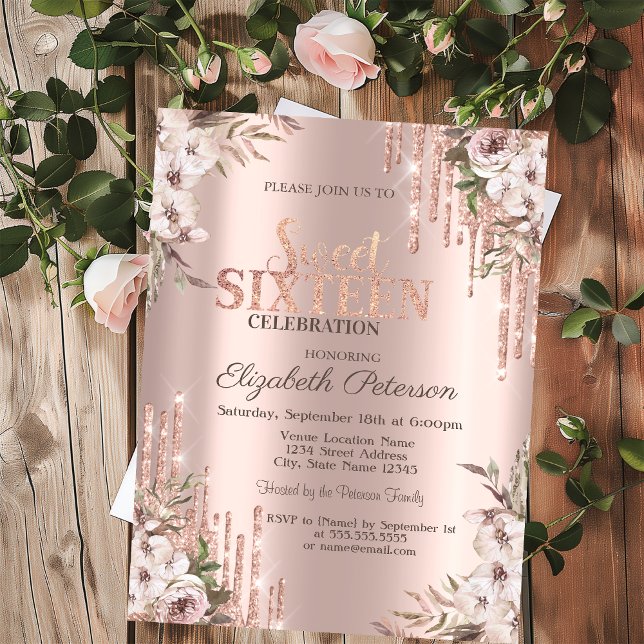 Invitación Purpurina Drips Rosa Gold Boho Flores Dulce 16 (Subido por el creador)