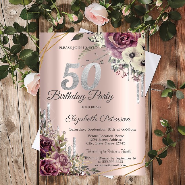 Invitación Purpurina Drips Rosa Gold Floral 50 cumpleaños (Subido por el creador)