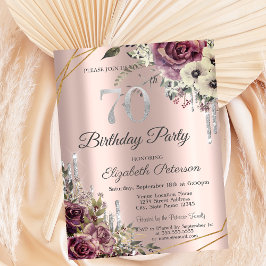 Invitación Purpurina Drips Rosa Gold Floral 70 cumpleaños
