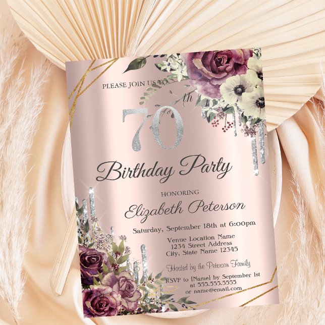 Invitación Purpurina Drips Rosa Gold Floral 70 cumpleaños (Subido por el creador)