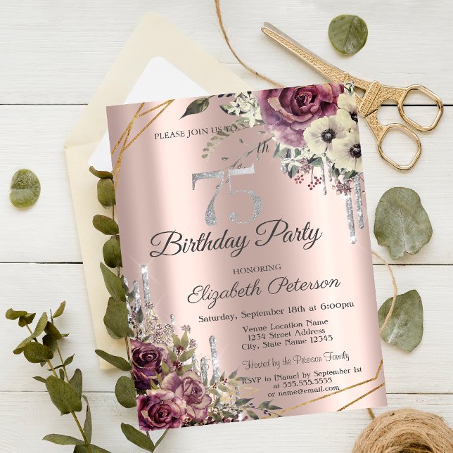 Invitación Purpurina Drips Rosa Gold Floral 75º cumpleaños (Subido por el creador)
