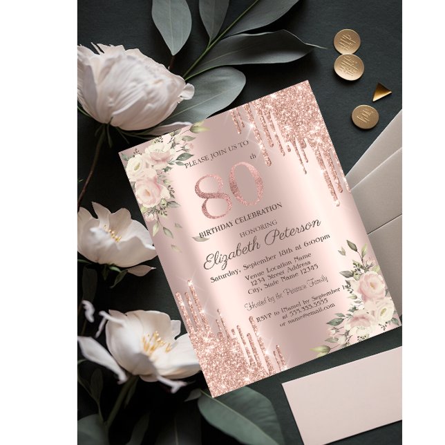 Invitación Purpurina Drips Rosa Gold Floral 80 cumpleaños (Subido por el creador)