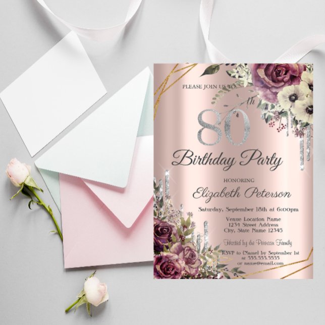 Invitación Purpurina Drips Rosa Gold Floral 80 cumpleaños (Subido por el creador)