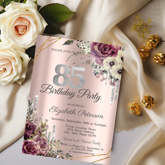 Invitación Purpurina Drips Rosa Gold Floral 85º cumpleaños (Subido por el creador)