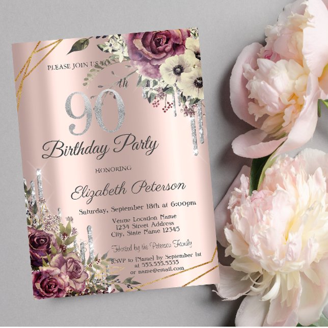 Invitación Purpurina Drips Rosa Gold Floral 90 cumpleaños (Subido por el creador)