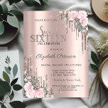 Invitación Purpurina Drips Rosa Gold Floral Sweet 16<br><div class="desc">Moderno,  moda y glamuroso Sweet 16 con goteos purpurinas sobre un fondo dorado subió.</div>