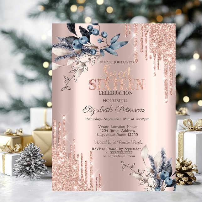 Invitación Purpurina Drips Rosa Gold Flores de Invierno Dulce (Subido por el creador)