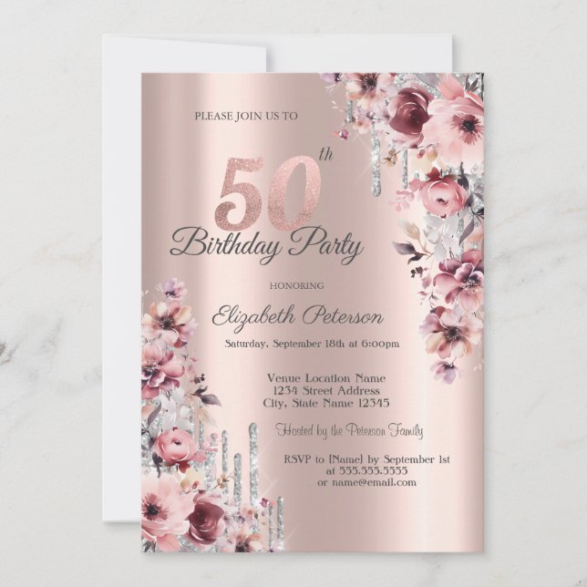 Invitación Purpurina Drips Rosa Gold Pink Floral 50 cumpleaño (Anverso)