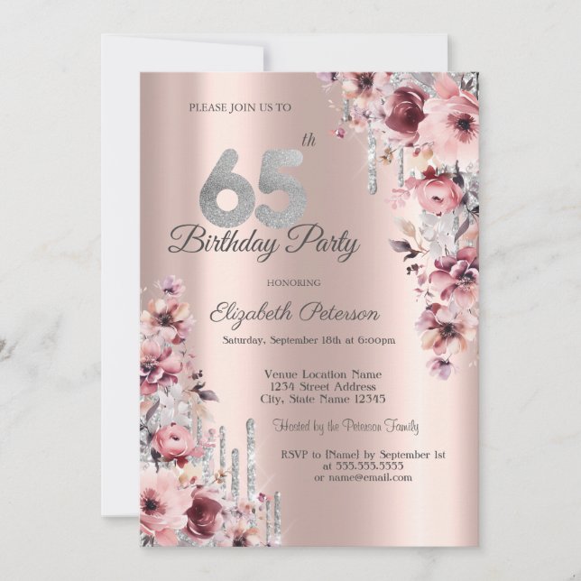 Invitación Purpurina Drips Rosa Gold Pink Floral 65º cumpleañ (Anverso)
