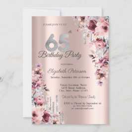 Invitación Purpurina Drips Rosa Gold Pink Floral 65º cumpleañ