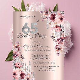 Invitación Purpurina Drips Rosa Gold Pink Floral 65º cumpleañ