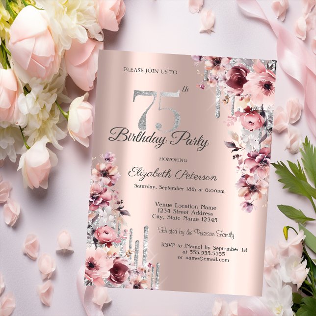 Invitación Purpurina Drips Rosa Gold Pink Floral 75º cumpleañ (Subido por el creador)