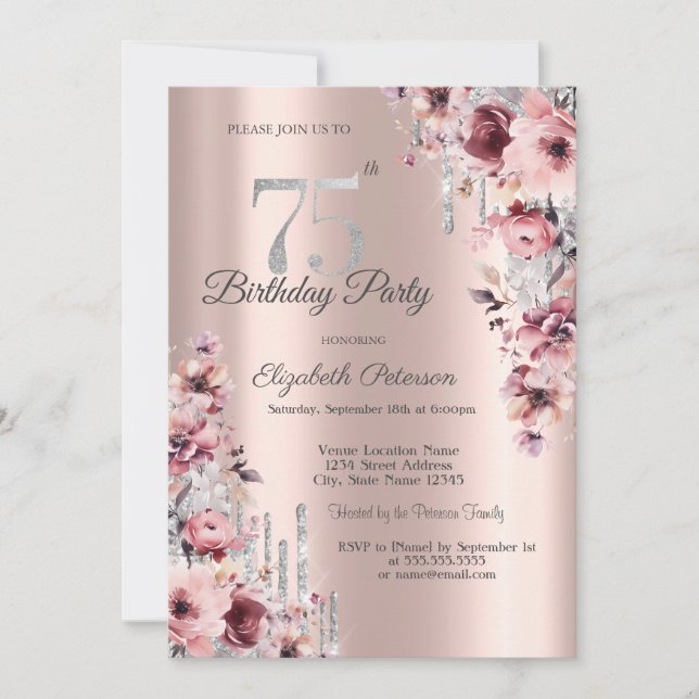 Invitación Purpurina Drips Rosa Gold Pink Floral 75º cumpleañ (Anverso)