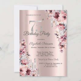 Invitación Purpurina Drips Rosa Gold Pink Floral 75º cumpleañ