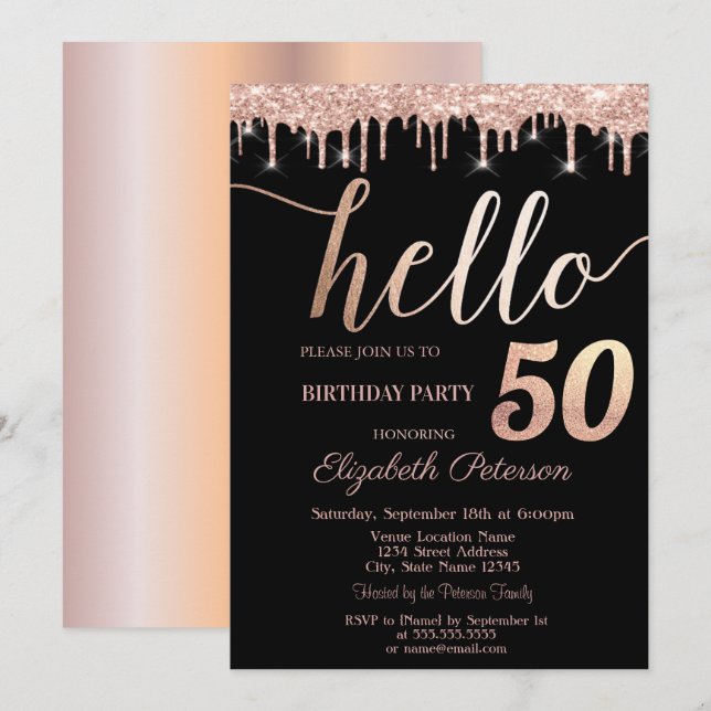 Invitación Purpurina Drips Rosa Oro 50 cumpleaños (Anverso / Reverso)