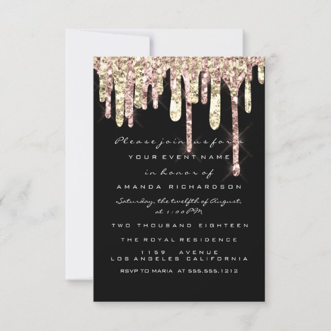 Invitación Purpurina Drips Rosa Oro Novia Negra Dulce 16 (Anverso)