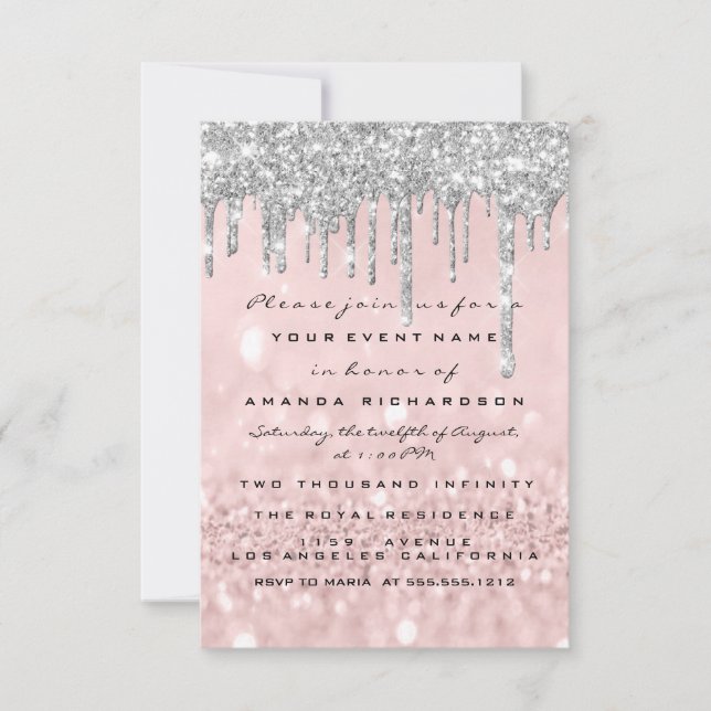 Invitación Purpurina Drips Rosa Plata Dulce de novia 16° (Anverso)