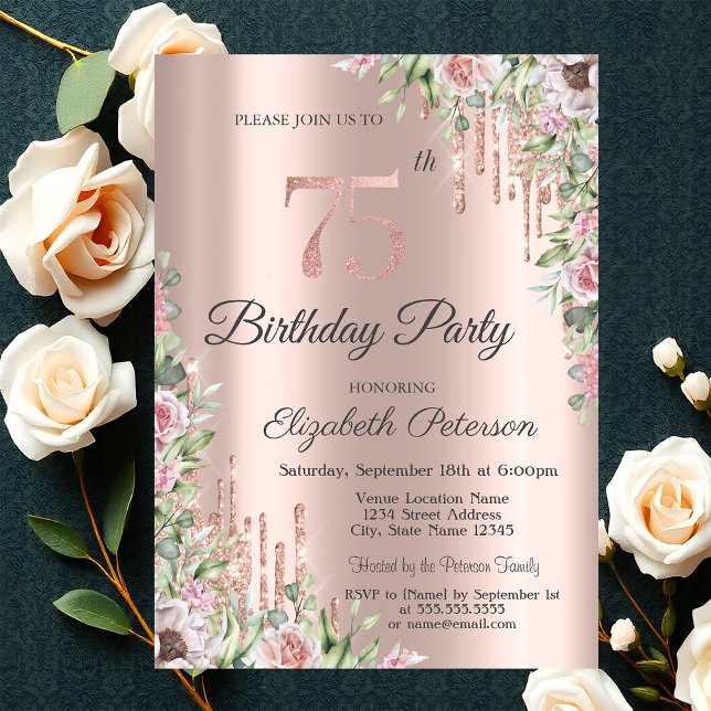 Invitación Purpurina Drips Rosa Rosas de oro 75 cumpleaños (Subido por el creador)