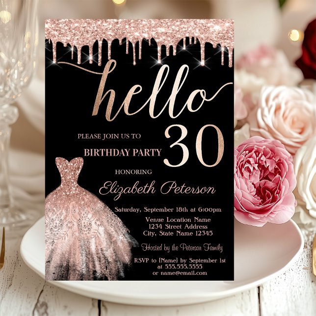 Invitación Purpurina Drips Rosa Vestido de Oro 30 cumpleaños  (Subido por el creador)