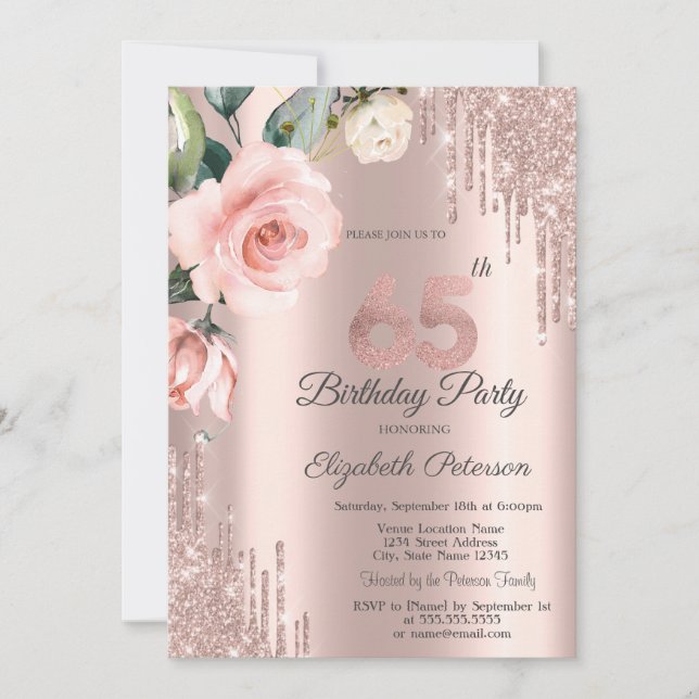 Invitación Purpurina Drips Rosas de acuarela 65º cumpleaños (Anverso)