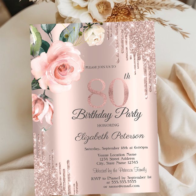 Invitación Purpurina Drips Rosas de acuarela 80 cumpleaños (Subido por el creador)