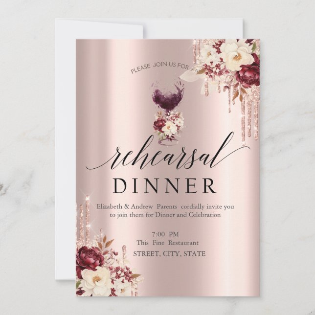 Invitación Purpurina Drips Rosas de vidrio para vino Ensayo d (Anverso)