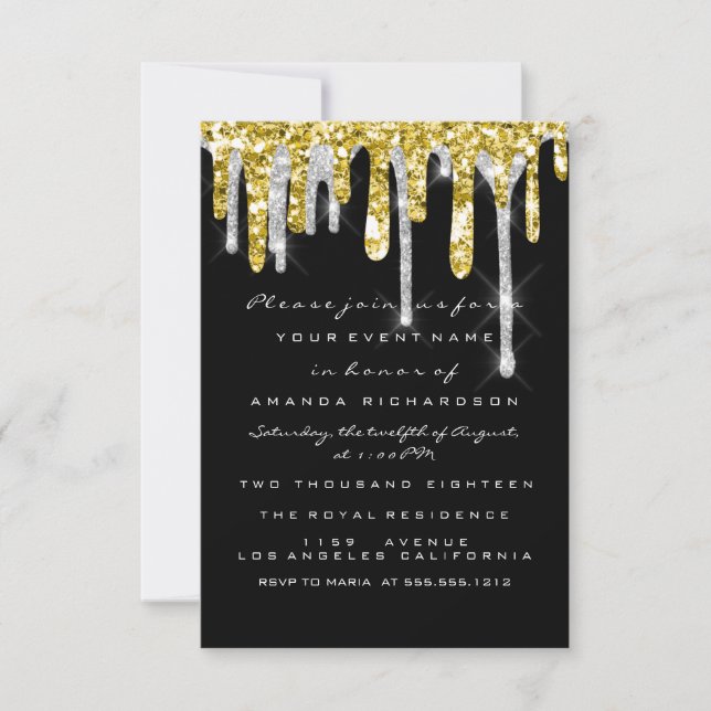 Invitación Purpurina Drips Silver Gold Black Bridal Sweet 16 (Anverso)