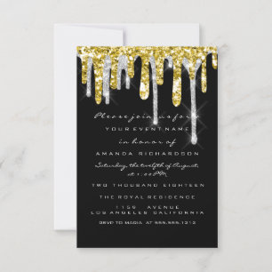 Invitación Purpurina Drips Silver Gold Black Bridal Sweet 16