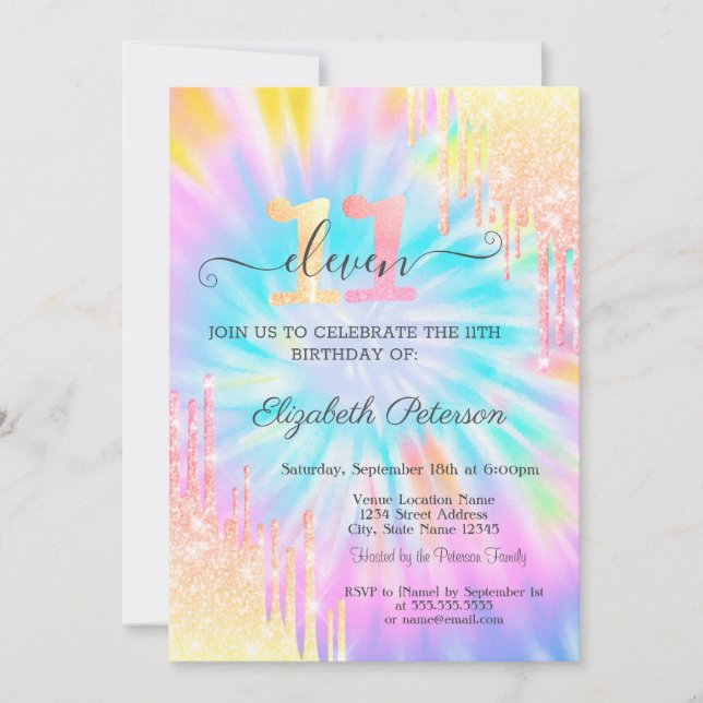 Invitación Purpurina Drips Tie Dye 11º cumpleaños (Anverso)