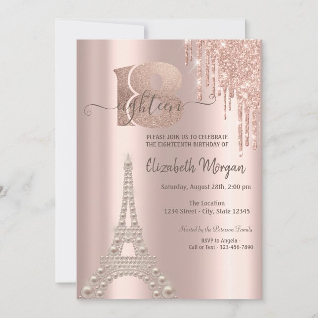 Invitación Purpurina Drips Torre Eiffel 18 cumpleaños (Anverso)