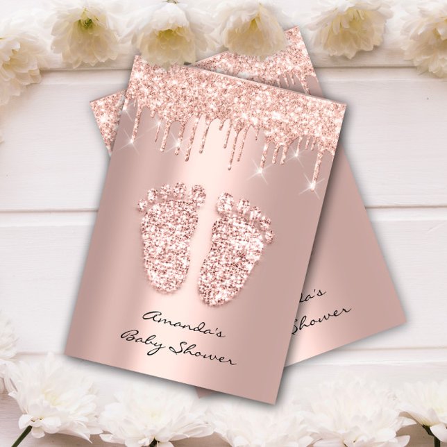 Invitación Purpurina Dris Rosa Oro Niña Pies Ducha (Glitter Drips Rose Gold Baby Girl Shower Feet Invitation)
