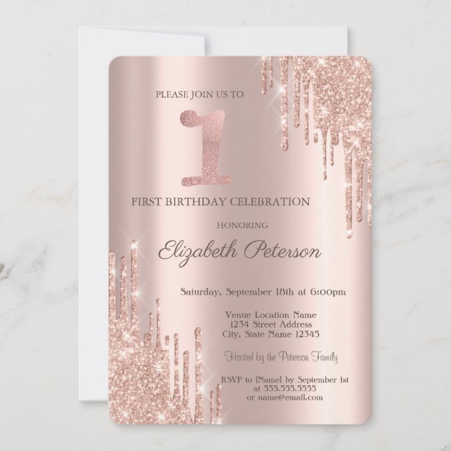 Invitación Purpurina Dris Rosa Oro Primer Fiesta de cumpleaño (Anverso)
