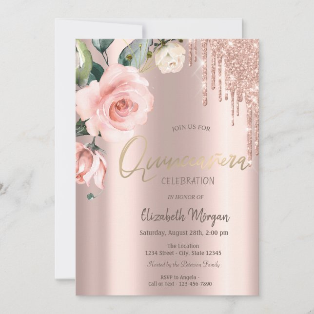 Invitación Purpurina Dris Rosas de acuarela Quinceañera (Anverso)