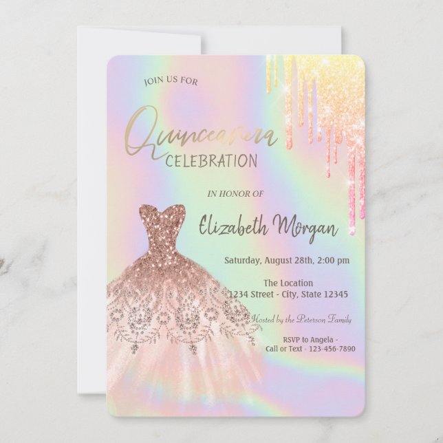 Invitación Purpurina Dris Vestido Holográfico Quinceañera (Anverso)