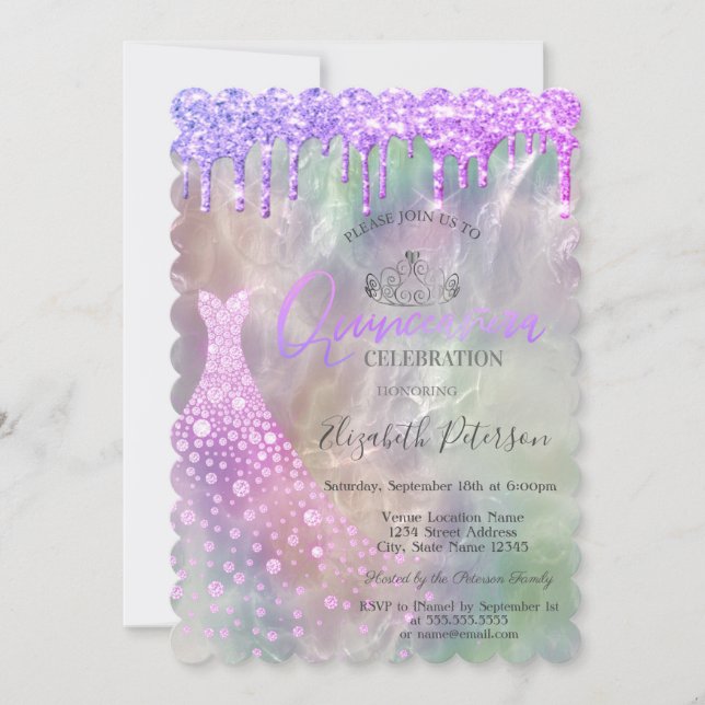 Invitación Purpurina Dris Vestido Holográfico Quinceañera (Anverso)