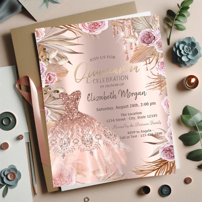 Invitación Purpurina Dris Vestir Pampas Flores Quinceañera (Subido por el creador)
