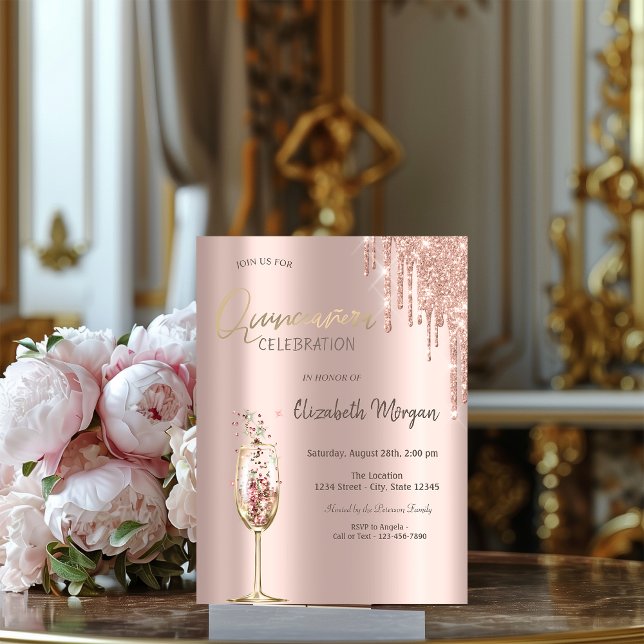 Invitación Purpurina Dris Vidrio de Champagne Quinceañera (Subido por el creador)