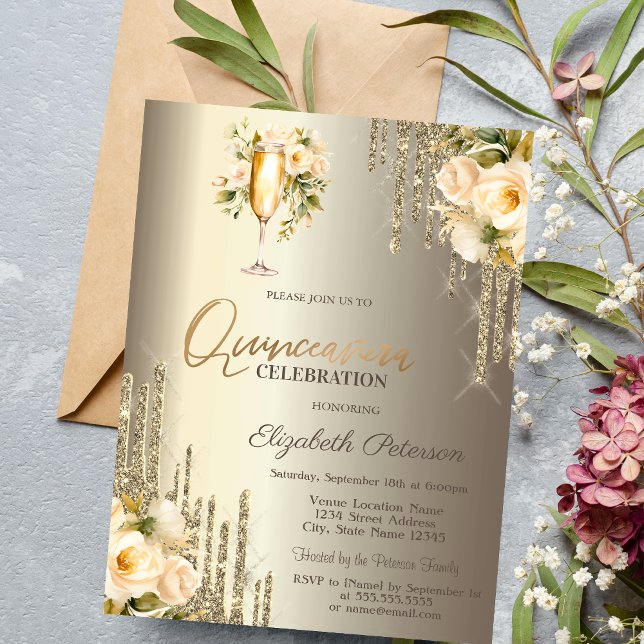 Invitación Purpurina Dris Vidrio Floral de Champagne Quinceañ (Subido por el creador)