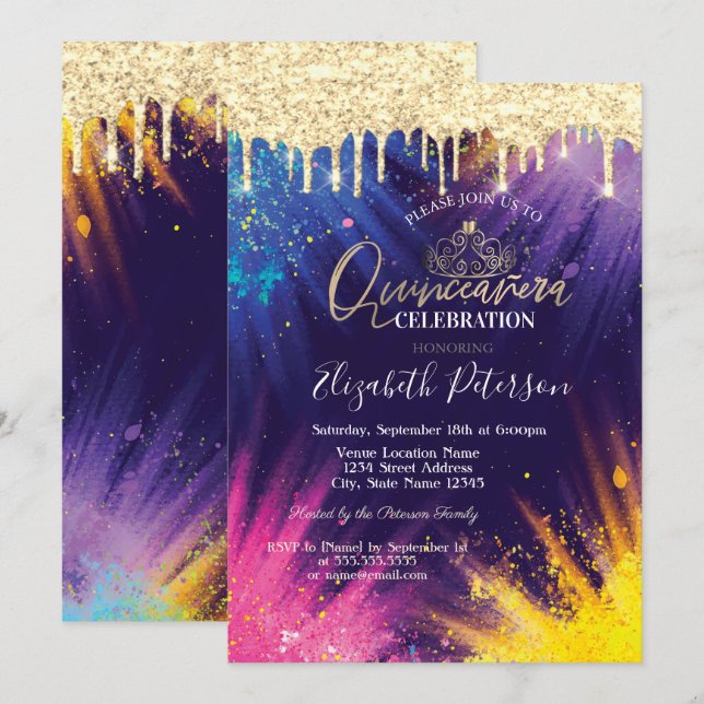 Invitación Purpurina Dris Watercolor Splash Quinceañera (Anverso / Reverso)