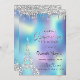 Invitación Purpurina Drop Diamonds Torre Eiffel Quinceanera