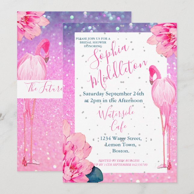Invitación Purpurina Ducha Bridal Moda floral Flamingo (Anverso / Reverso)