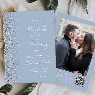 Invitación Purpurina Dusty Blue Silver Foto Boda de código QR