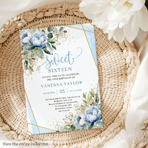 Invitación Purpurina Dusty Blue White Gold Flores Dulces 16