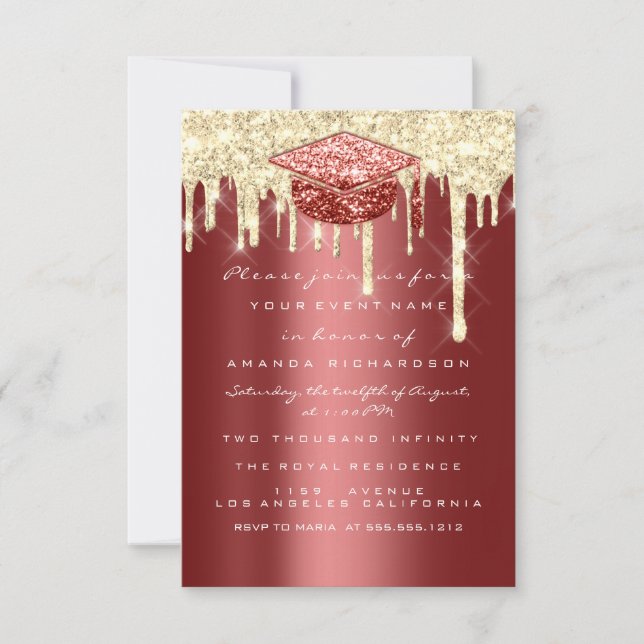 Invitación Purpurina Efecto goteo Graduado de oro Fiesta Borg (Anverso)