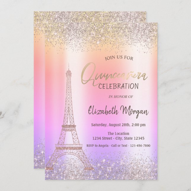 Invitación Purpurina Eiffel Confetti Ombre Quinceañera (Anverso / Reverso)