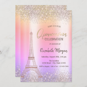 Invitación Purpurina Eiffel Confetti Ombre Quinceañera